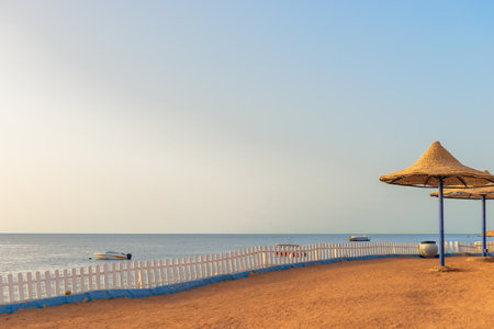 Straw beach umbrellas on the shore of the Red Seaの写真素材