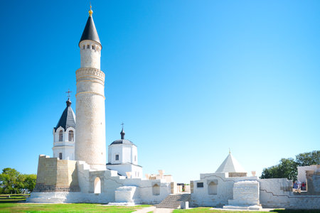 Beautiful white Cathedral Mosque with the Great Minaret Bolgar. Russiaの写真素材