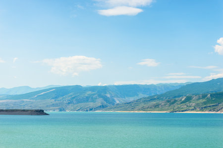 Beautiful landscape of the mountain Chirkey reservoir with azure water of the North Caucasus of Dagestan. Russiaの写真素材