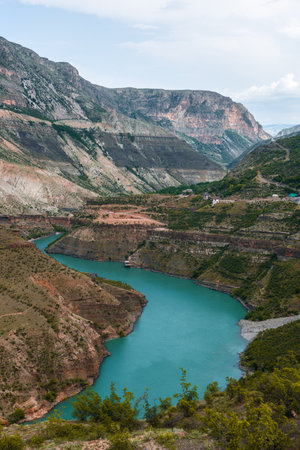 Picturesque landscape on the bend of the azure mountain river Sulak in a beautiful canyon of the Caucasian mountains of Dagestan. Russiaの写真素材