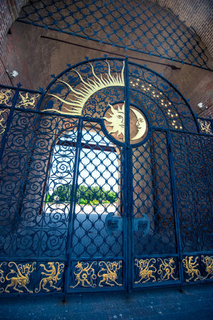 Beautiful cast iron gates of the Ancient Leaning Tower of Syuyumbike on the territory of the Kazan Kremlin. Russiaの写真素材