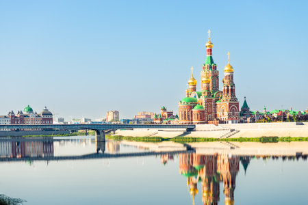 Picturesque Cathedral of the Annunciation of the Blessed Virgin Mary in Yoshkar-Ola on the river embankment. Russiaの写真素材