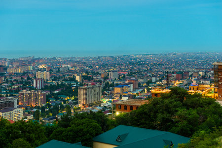 Evening view of the coastal city of Makhachkala from the observation deck of Mount Tarki-Tau. Dagestanの写真素材