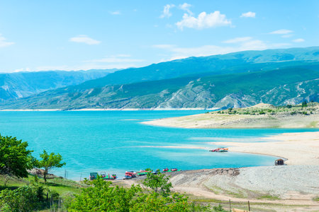 Beautiful landscape of the mountain Chirkey reservoir with azure water of the North Caucasus of Dagestan. Russiaの写真素材