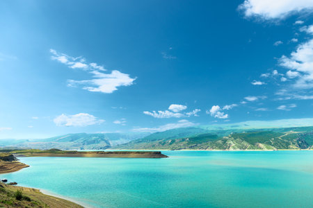 Beautiful landscape of the mountain Chirkey reservoir with azure water of the North Caucasus of Dagestan. Russiaの写真素材