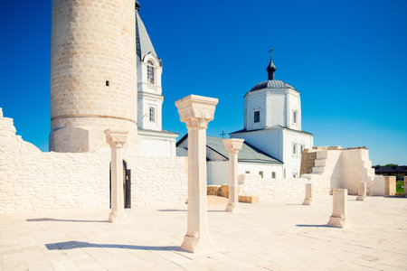 Ancient Column of the White Cathedral Mosque with the Great Minaret Bolgar. Russiaの写真素材