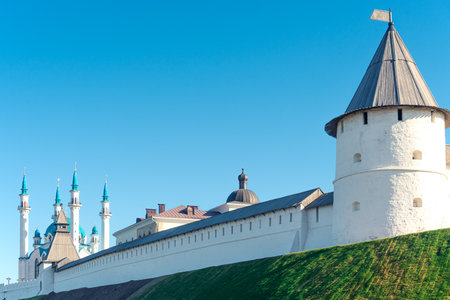 White stone protective South-West tower and Kul Sharif mosque of Kazan Kremlin. Kazan, Russiaの写真素材