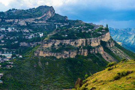 Dramatic landscape of the picturesque Gunib plateau in stormy weather on the Dagestan highlands. North Caucasus. Russiaの写真素材