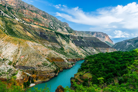 Picturesque landscape of the azure mountain river Sulak in a beautiful canyon of the Caucasian mountains of Dagestan. Russiaの写真素材