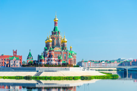 Picturesque Cathedral of the Annunciation of the Blessed Virgin Mary in Yoshkar-Ola on the river embankment. Russiaの写真素材