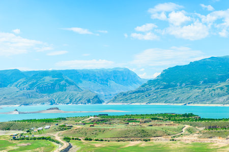 Beautiful landscape of the mountain Chirkey reservoir with azure water of the North Caucasus of...