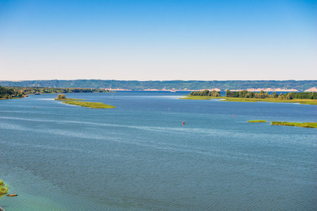 Picturesque landscape of the Volga River flood and green islands on it. Russiaの写真素材