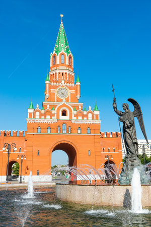 Monument-fountain Archangel Gabriel against the background of the Annunciation Tower in Yoshkar-Ola. Russiaの写真素材