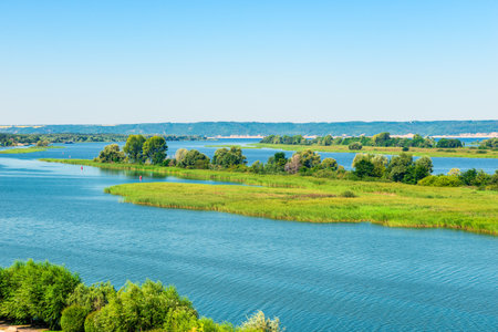 Picturesque landscape of the Volga River flood and green islands on it. Russiaの写真素材