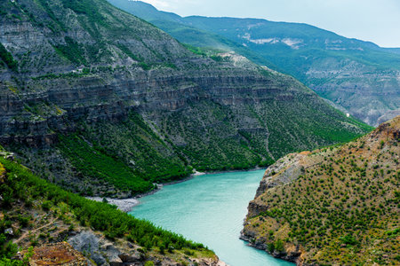 Picturesque landscape of the azure mountain river Sulak in a beautiful canyon of the Caucasian mountains of Dagestan. Russiaの写真素材