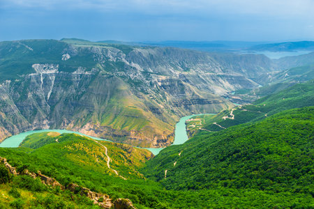 Picturesque landscape with a bend of an azure river in a deep mountain canyon. Sulak. Caucasusの写真素材