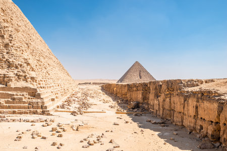 View of the Pyramid of Menkaure from the base of the Pyramid of Khafre on the Giza plateau. Cairoの写真素材