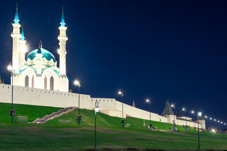 Picturesque night view of the Kul Sharif Mosque of the Kazan Kremlin. Russiaの写真素材