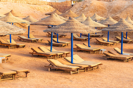 Straw beach umbrellas with sun loungers on the shore of the Red Sea in the hotel's beach recreation areaの写真素材