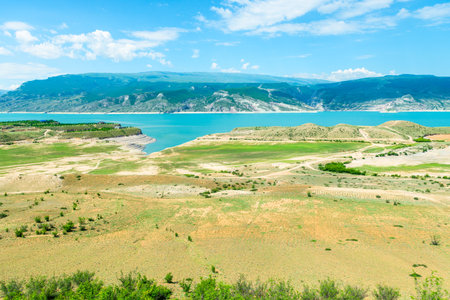 Beautiful landscape of the mountain Chirkey reservoir with azure water of the North Caucasus of Dagestan. Russiaの写真素材
