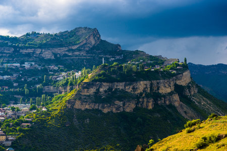 Dramatic landscape of the picturesque Gunib plateau in stormy weather on the Dagestan highlands. North Caucasus. Russiaの写真素材