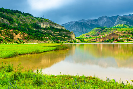 Dramatic landscape of a picturesque mountain lake in pre-storm weather on the Dagestan highlands. North Caucasus. Russiaの写真素材