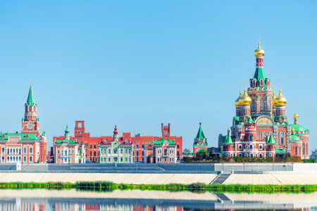 Picturesque Cathedral of the Annunciation of the Blessed Virgin Mary in Yoshkar-Ola on the river embankment. Russiaの写真素材