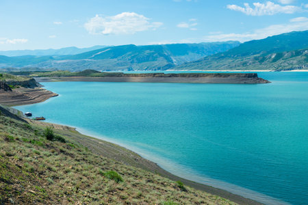 Beautiful landscape of the mountain Chirkey reservoir with azure water of the North Caucasus of Dagestan. Russiaの写真素材