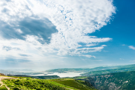 Magnificent view of the Chirkey reservoir in the mountains of the North Caucasus of Dagestan. Russiaの写真素材