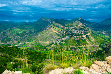 Dramatic landscape of the picturesque Gunib plateau in stormy weather on the Dagestan highlands. North Caucasus. Russiaの写真素材