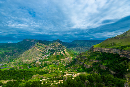 Dramatic landscape of the picturesque Gunib plateau in stormy weather on the Dagestan highlands. North Caucasus. Russiaの写真素材