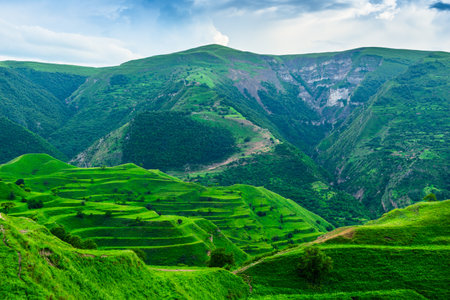 Picturesque mountain landscape with green slopes of terraced mountains during bad weather. North Caucasusの写真素材