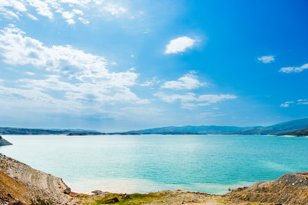 Beautiful landscape of the mountain Chirkey reservoir with azure water of the North Caucasus of Dagestan. Russiaの写真素材