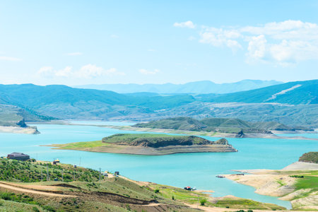 Beautiful landscape of the mountain Chirkey reservoir with azure water of the North Caucasus of...