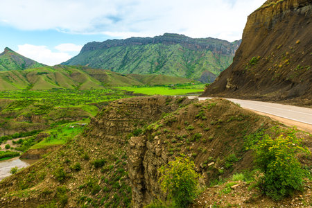 Winding asphalt road in the mountains of the North Caucasus of Dagestan. Russiaの写真素材