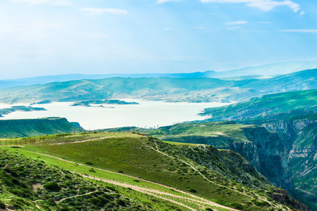 Magnificent view of the Chirkey reservoir in the mountains of the North Caucasus of Dagestan. Russiaの写真素材