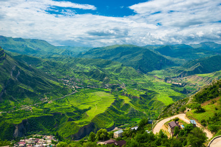 Picturesque view of a green mountain valley with deep ravines. Dagestan, Caucasus