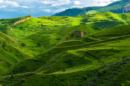 Picturesque terraces on the green slope of the North Caucasus mountain. Dagestanの写真素材