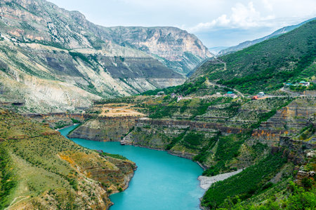 Picturesque landscape on the bend of the azure mountain river Sulak in a beautiful canyon of the...