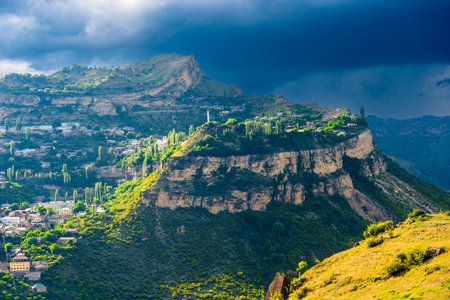Dramatic landscape of the picturesque Gunib plateau in stormy weather on the Dagestan highlands....