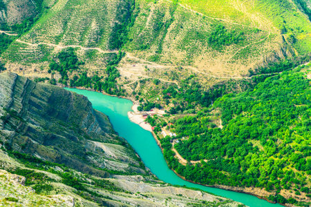 Picturesque landscape on the bend of the azure mountain river Sulak in a beautiful canyon of the...