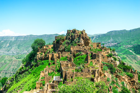View of the ruins of an abandoned mountain village in the mountains of the North Caucasusの写真素材