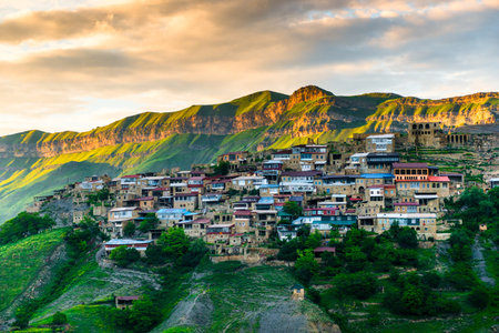 Picturesque view of the mountain village Chokh in the rays of the setting sun. Caucasusの写真素材