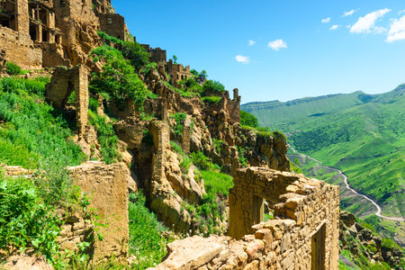Stone ruins in the mountain ghost village of Gamsutl, Caucasusの写真素材