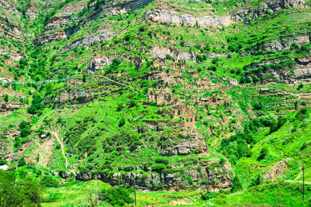 Ruins of the abandoned mountain village of Kakhib on a green mountain slope. North Caucasusの写真素材
