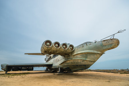 Soviet experimental ekranoplan Lun on the shore of the Caspian Sea - a local landmark. Caspian monsterの写真素材