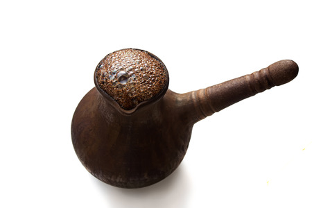 Clay turkish coffee pot (jezve) hand made isolated on white backgroundの写真素材