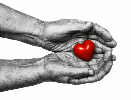 elderly woman keeping red heart in her palms isolated on white background, symbol of care and loveの写真素材