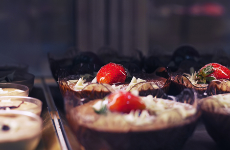 Sweet chocolate desserts with strawberry in pialas.の写真素材