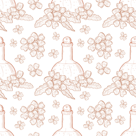 Jasmine Flower and Oil in Vial, sketch, monochrome illustration in seamless pattern.のイラスト素材
